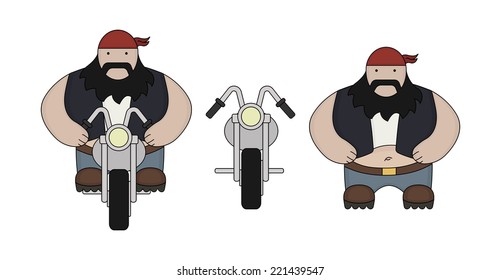 Funny fat, round biker with chopper motorcycle. Flat style