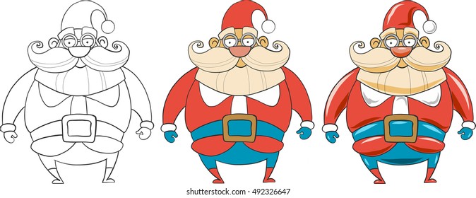 Funny fat Santa Claus in a cap and glasses with a curled mustache and long beard on a white background