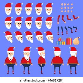 Funny fat Santa Claus creation set. Various gestures, emotions, diverse poses, views. Create your own pose, animation. Flat style vector illustration