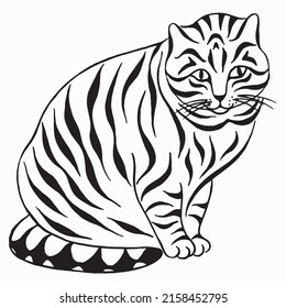 Funny fat striped cat vector illustration isolated on white background. Hand-drawn silhouette drawing of a tabby cat. Calligraphy image. Tattoo design.