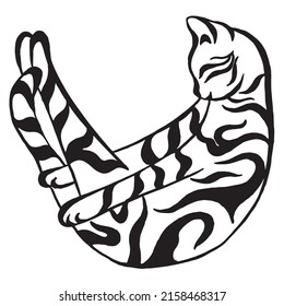 Funny fat striped cat vector illustration isolated on white background. Hand-drawn silhouette drawing of a tabby cat. Calligraphy image. Tattoo design.