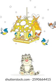 Funny fat striped cat watching small birds merrily flying around a homemade birdfeeder on a snowy winter day, vector cartoon illustration isolated on a white background