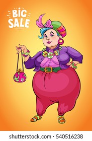 Funny Fat stylish Lady Holding Shopping Bag to Promote Sales