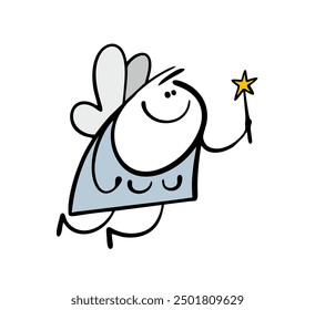 Mujer gorda divertida con alas de mariposa vuela en el cielo y las olas de la varita mágica de la estrella de dibujos animados. Ilustración vectorial de un hada haciendo magia. Personaje mágico de un cuento de hadas y sueños.