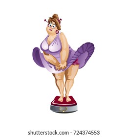 Funny fat woman weighing cartoon. Vector illustration