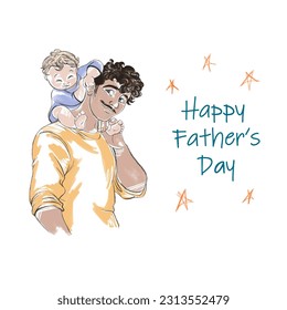 Funny father with baby, holiday card, dad with daughter, happy fathers day on white background, family