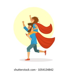 funny father and daughter having fun, playing together superheroes, girl sitting on dads shoulders, happy fathers day vector illustration scene