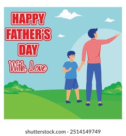 Funny Father's Day card of father and son flying a kite and walking together, Father's Day template for poster, cover, banner, social media. flat vector modern illustration