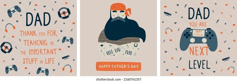 Funny Fathers day card set. Father gamer. Dad quotes, father portrait. Various Dad birthday templates. Dad birthday design collection. Daddy birth Funny phrases Vector Illustration. Retro poster.