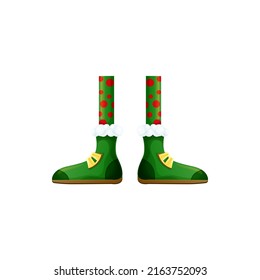 Funny feet in dotted tights stockings, green shoes carnival costume clothing element isolated. Vector elvish legs in boots and stockings, gnome or elf fairy limbs. Dwarf foot or feet in pants
