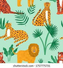 Funny feline with tropical plants seamless pattern. Cute hand drawn predators lions, tigers and leopards vector flat illustration. Exotic spotted and striped carnivorous animals with leaves