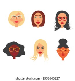 Funny Female Avatars. Hand Drawn Vector Illustration. Different hair styles. Cute Cartoon Characters. Isolated on White.