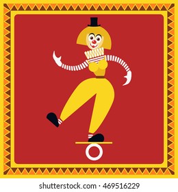 Funny female clown teetering on the coil. The equilibrist balances. Flat style. Vector illustration