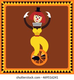 Funny female clown teetering on a unicycle. The equilibrist balances. Flat style. Vector illustration