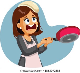 Funny Female Cook Failing To Flip Pancakes, Beginner Inexperienced Home Chef Dropping Pancake In Her Head
