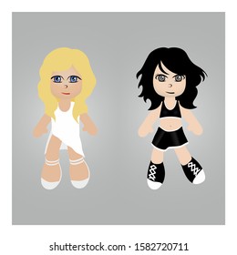 Funny Female Dolls on Gray Bakcground. Vector Illustration.