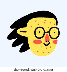 Funny Female Face - Bizarre Childish Style By Hand. Funky Groove Portrait. Psychedelic Woman Avatar With Glasses. Body Neutrality. Fashionable Flat Head Sticker. 