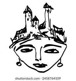 Funny female face with medieval castle on her head. Hand drawn linear doodle rough sketch. Black and white silhouette. Helen of Troy.