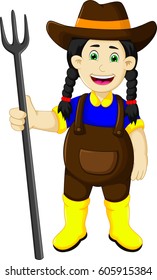 funny female farmer cartoon holding rake
