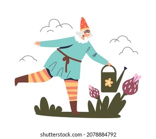 Funny female garden gnome water flowers from watering can. Cute cartoon dwarf in colorful clothes and hat gardening. Fairytale and mythological creature concept. Flat vector illustration