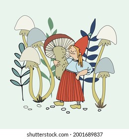 Funny female gnome gathering mushrooms in the forest. Fairy tale elf girl in red hat and wooden shoes with good personality. Vector illustration for children