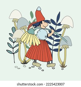 Funny female gnome with giant chamomile flower on her shoulder. Fairy tale elf girl in red hat and wooden shoes with good personality. Vector illustration for children