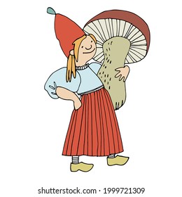 Funny female gnome holding giant mushroom. Fairy tale elf girl in red hat and wooden shoes with good personality. Vector illustration for children