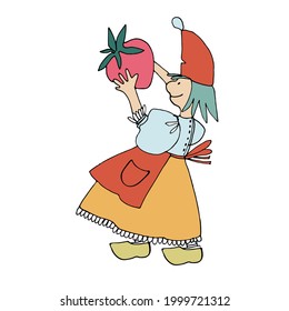 Funny female gnome holding giant strawbwerry. Fairy tale elf girl in red hat, apron and wooden shoes with good personality. Vector illustration for children