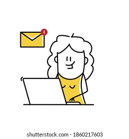 Funny Female Stick Figure Working On Laptop With Letter Icon. Hand Drawn Vector Illustration.