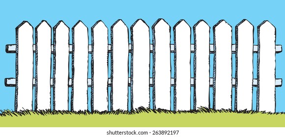 Funny fence from flat slats, painted in white paint, enclosing garden with lush grass. Vector color freehand ink drawn backdrop sketchy in scrawl style of pen on paper with space for text on blue sky