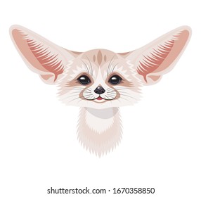 Funny fennec fox face or head isolated on white background. Cartoon cute furry animal with large pointed ears. Vector flat illustration