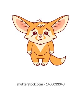 Funny fennec fox  looks with sadness. Cute kawaii cartoon character. Funny emotion, pose and face expression. Isolated on white background