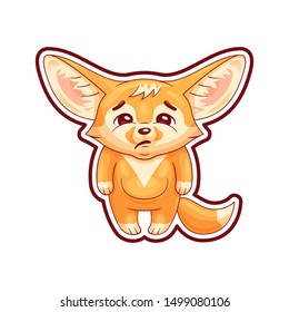 Funny fennec fox  looks with sadness. Cute kawaii cartoon character  with single contour of whole image for using as a sticker, etc. Funny emotion, pose and face expression