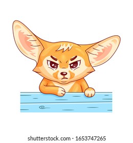 Funny fennec fox  standing by the blue painted fence and looking severely. Amusing cartoon character. Funny pose, emotion and face expression