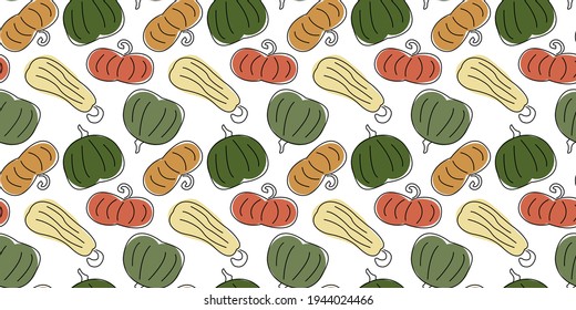 Funny festive autumn seamless pattern with pumpkins of different shapes and colors. Cool print for greeting cards, posters and banner ads for Thanksgiving. Stylish ornament for fashionable clothes