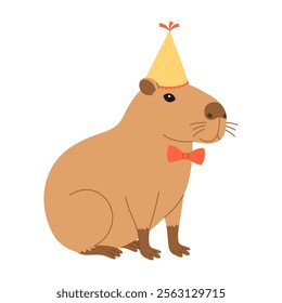 Funny festive capybara sits in party hat and bow tie. Cute capibara for holiday greeting card, invitation, banner. Birthday character. Vector flat illustration isolated on white background