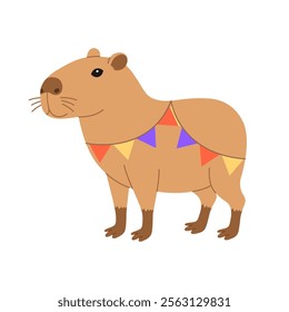 Funny festive capybara stands in garland. Cute capibara with flags for holiday greeting card, invitation, banner. Birthday character. Vector flat illustration isolated on white background