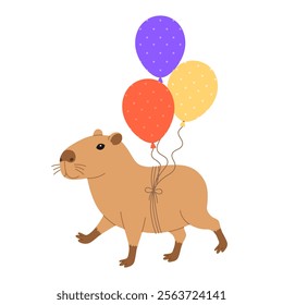 Funny festive capybara walks with bunch of balloons. Cute capibara for holiday greeting card, invitation, banner. Birthday character. Vector flat illustration isolated on white background