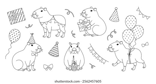 Funny festive capybaras coloring page. Outline set with gifts, balloons, party hats, garlands, bows and cupcake. Cute capibaras in different poses for greeting card, banner. Coloring book for print