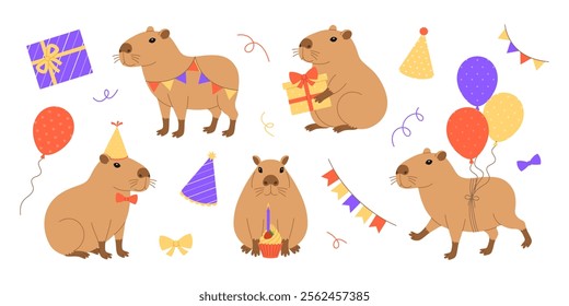 Funny festive capybaras set with gifts, balloons, party hats, garlands, bows and cupcake. Cute capibaras in different poses for holiday greeting card, banner. Vector flat illustration for birthday