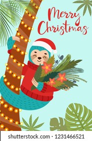 Funny festive greeting card with a cute sloth and bouquet. Vector illustration. Tropical Christmas poster.