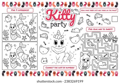 Funny festive placemat for children. Print out the "Kitty Party" activity sheet with a labyrinth, connect the dots, and find the differences. 17x11 inch printable vector file