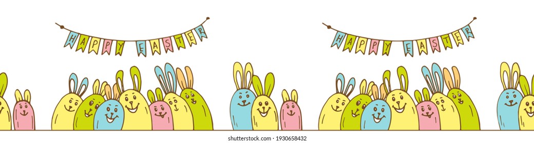 Funny festive seamless border horizontal with colored eggs bunny and garland Happy Easter. Colorful animal character element on white background. Hand drawn vector illustration for design. 