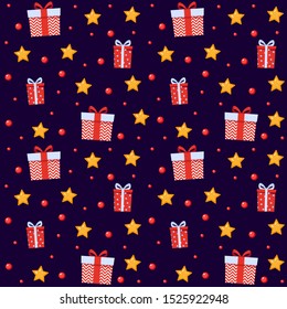 Funny festive seamless pattern. Gift boxes and stars, background for birthday, christmas or party. Flat cartoon stock vector, on a dark background.