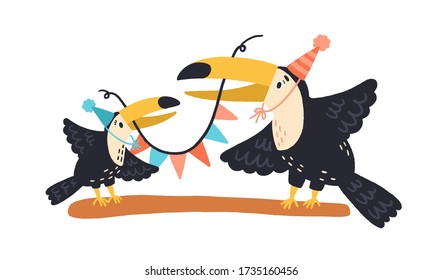 Funny festive toucan family holding colorful decoration vector flat illustration. Happy birds in holiday hat standing on branch isolated on white background. Colored wild winged creatures