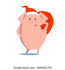 Funny festive vector pig, symbol of Chinese new year, Christmas, with bag gifts, in Christmas clothes, hat on white isolated background