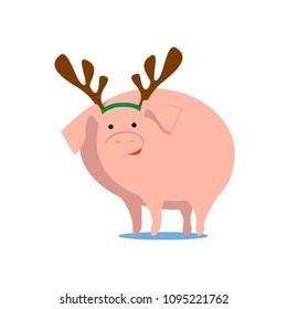 Funny festive vector pig, symbol of Chinese new year, Christmas, with antlers on white isolated background