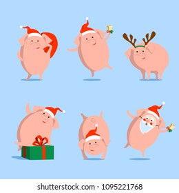 Funny festive vector pig, symbol of Chinese new year, Christmas, with Christmas bell, with bag gifts, Santa Claus mask, with antlers, with gift, in Christmas clothes, hat on isolated background