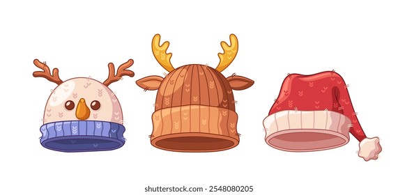 Funny festive winter hats for celebration Christmas and new year outdoors isolated set on white