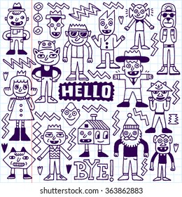 Funny Fictitious Doodle Characters Set 2. Vector Hand Drawn Illustration. School Notebook.